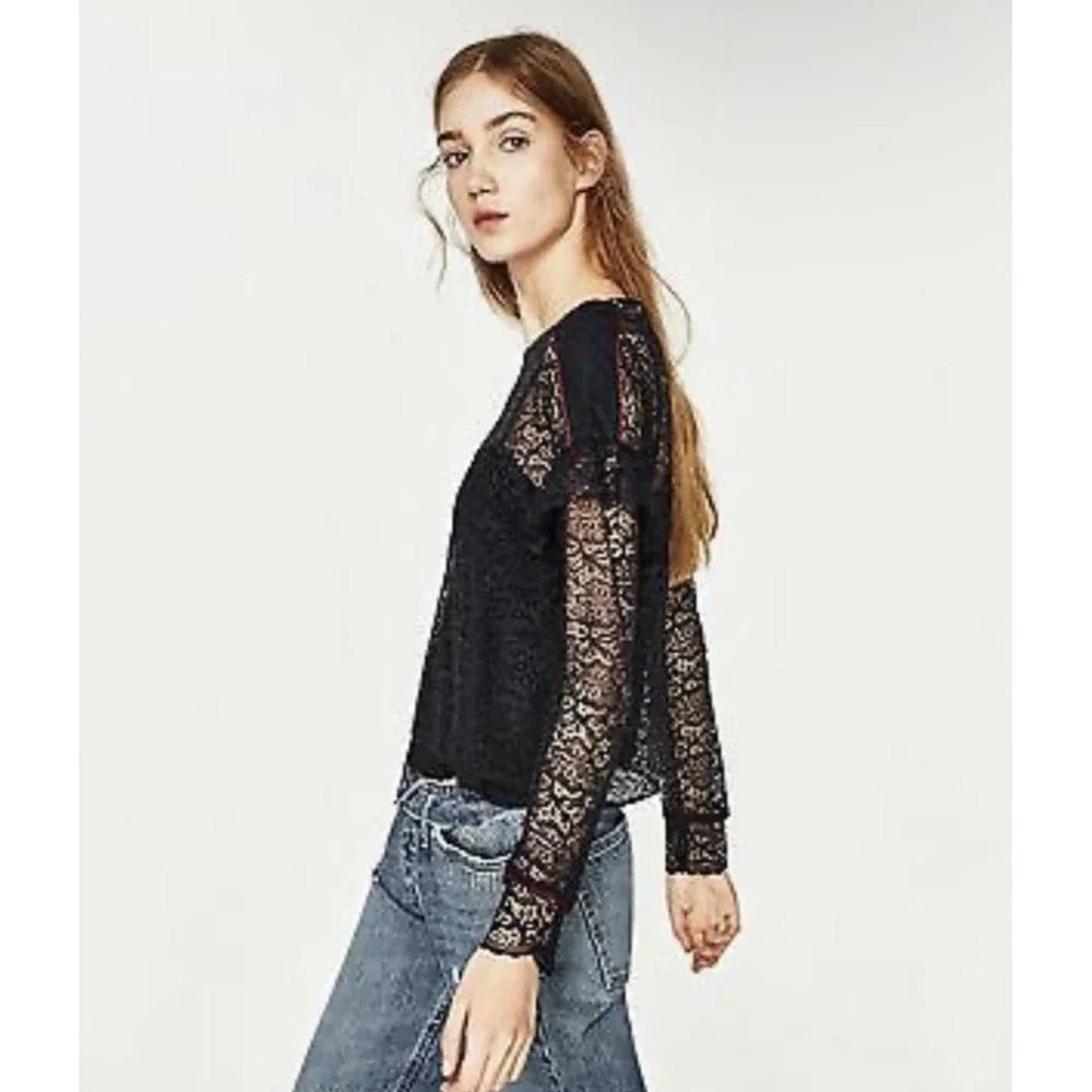 (B6) Zara Navy Blue Floral Lace Long Sleeve Blouse Red Piping Sheer Top XS NWT